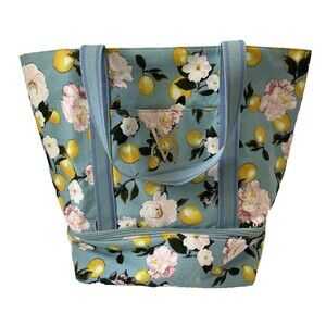 Victoria’s Secret Blue Canvas Lemon Print Insulated Cooler Beach Tote Bag